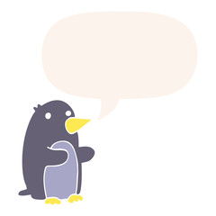 cartoon penguin and speech bubble in retro style