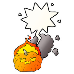 cartoon flaming halloween pumpkin and speech bubble in smooth gradient style