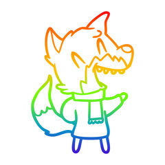 rainbow gradient line drawing laughing fox wearing winter clothes
