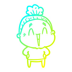 cold gradient line drawing cartoon happy old lady