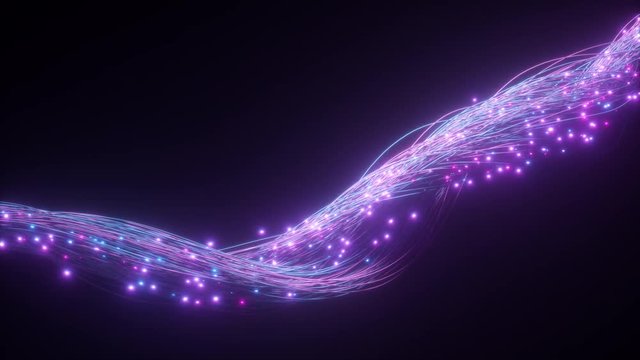 Glowing fiber optic cable. Information flows by wire. The concept of technology and information transfer. Modern blue purple color spectrum