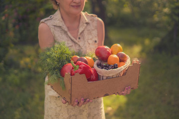 adult woman holding a crate with fresh new season harvest in the garden