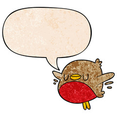 cute cartoon christmas robin and speech bubble in retro texture style