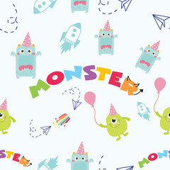 Cute monster seamless pattern background, t-shirt, card. Vector
