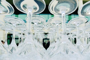 Business events background, catering company places cups and empty glasses to serve drinks.