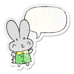 cute cartoon tiny rabbit and speech bubble distressed sticker