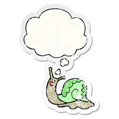 cute cartoon snail and thought bubble as a distressed worn sticker