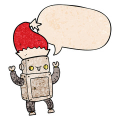 cartoon christmas robot and speech bubble in retro texture style