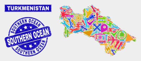 Mosaic service Turkmenistan map and Southern Ocean seal stamp. Turkmenistan map collage constructed with scattered colorful equipment, palms, industry elements.