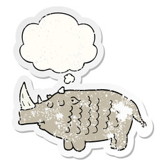 cartoon rhinoceros and thought bubble as a distressed worn sticker