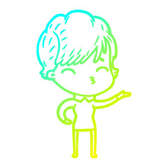 cold gradient line drawing cartoon woman thinking