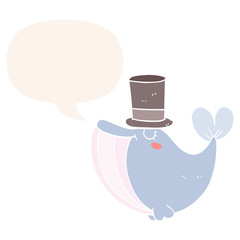 cartoon whale and top hat and speech bubble in retro style