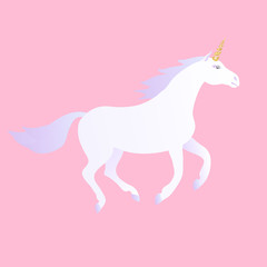 Vector flat cartoon hand drawn white gradient unicorn isolated on pastel pink background 