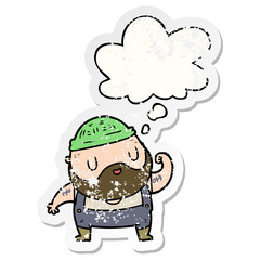 cartoon dock worker and thought bubble as a distressed worn sticker