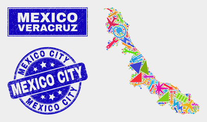 Mosaic service Veracruz State map and Mexico City seal. Veracruz State map collage made with randomized colored tools, hands, service items. Blue round Mexico City seal stamp with distress texture.