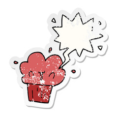 cartoon cupcake and speech bubble distressed sticker