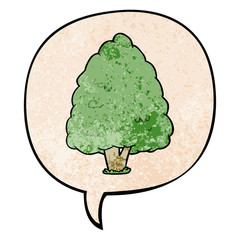 cartoon tall tree and speech bubble in retro texture style