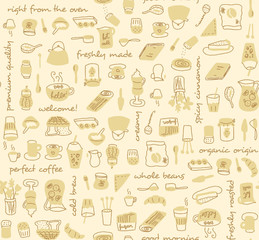 Coffee store elements with text in english seamless pattern in light warm colors. Brunch and teatime hand drawn icons for backgrounds, textile, wrapping paper and wallpaper