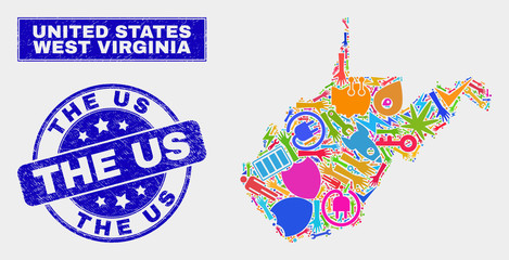 Naklejka premium Mosaic tools West Virginia State map and The Us seal stamp. West Virginia State map collage made with scattered colored tools, hands, service icons. Blue rounded The Us stamp with grunge texture.