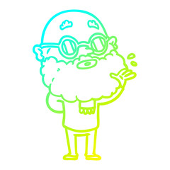cold gradient line drawing cartoon curious man with beard and sunglasses