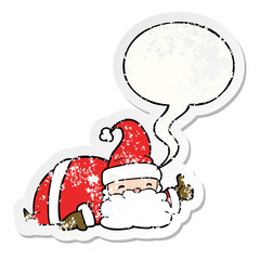 cartoon sleepy santa giving thumbs up symbol and speech bubble distressed sticker
