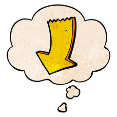 cartoon pointing arrow and thought bubble in grunge texture pattern style