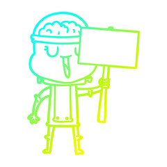 cold gradient line drawing happy cartoon robot with sign
