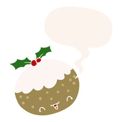 cute cartoon christmas pudding and speech bubble in retro style