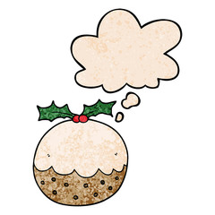 cartoon christmas pudding and thought bubble in grunge texture pattern style