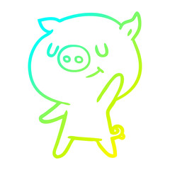 cold gradient line drawing happy cartoon pig waving