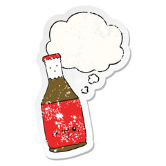 cartoon beer bottle and thought bubble as a distressed worn sticker