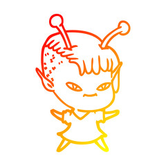 Obraz premium warm gradient line drawing cute cartoon alien girl