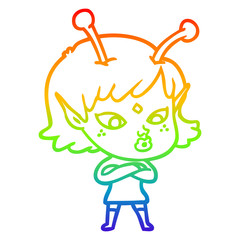 rainbow gradient line drawing pretty cartoon alien girl