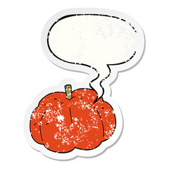 cartoon pumpkin and speech bubble distressed sticker