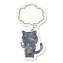 cute cartoon cat and thought bubble as a distressed worn sticker