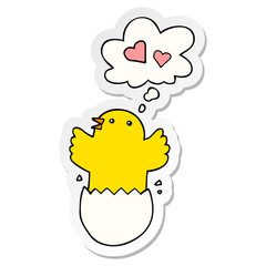 cute hatching chick cartoon and thought bubble as a printed sticker