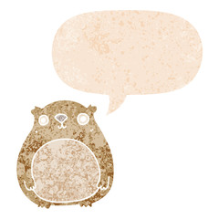 cartoon bear and speech bubble in retro textured style