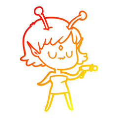 warm gradient line drawing cartoon alien girl with ray gun