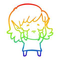 rainbow gradient line drawing cartoon crying elf girl