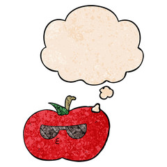 cartoon cool apple and thought bubble in grunge texture pattern style