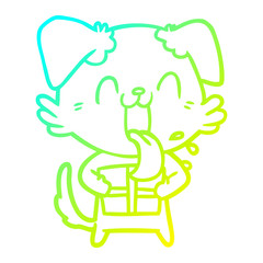 cold gradient line drawing cartoon panting dog with present