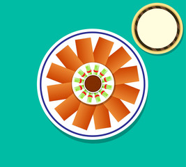 Top view Peking Duck skin and pancakes, vector art