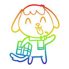 rainbow gradient line drawing cute cartoon dog with christmas present