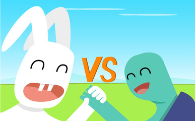 Closeup Rabbit and Turtle shake hands, vector art