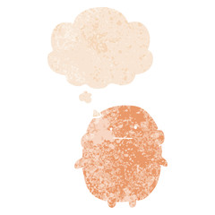 cartoon human and thought bubble in retro textured style