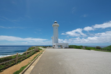 Fototapeta na wymiar Miyako island, Japan-June 26, 2019: A lighthouse at Higashi Hennazaki in Miyako island, Okinawa