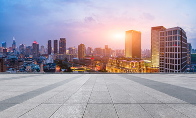 Shanghai skyline aerial panoramic view with empty square floor at sunset