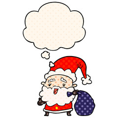 cartoon santa claus with sack and thought bubble in comic book style