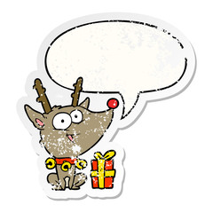 cartoon christmas reindeer and speech bubble distressed sticker