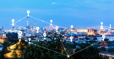 Modern city with wireless network connection concept,Beijing
